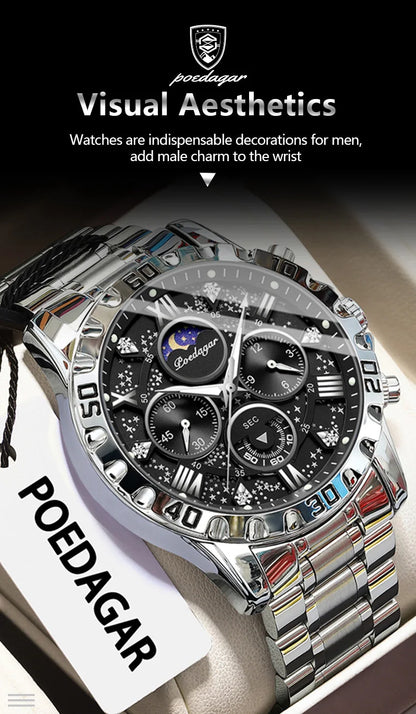 POEDAGAR Luxury Brand Men Watch Chronograph Waterproof Stainless Steel Luminous Male Watch Quartz Fashion Watches For Men Reloj
