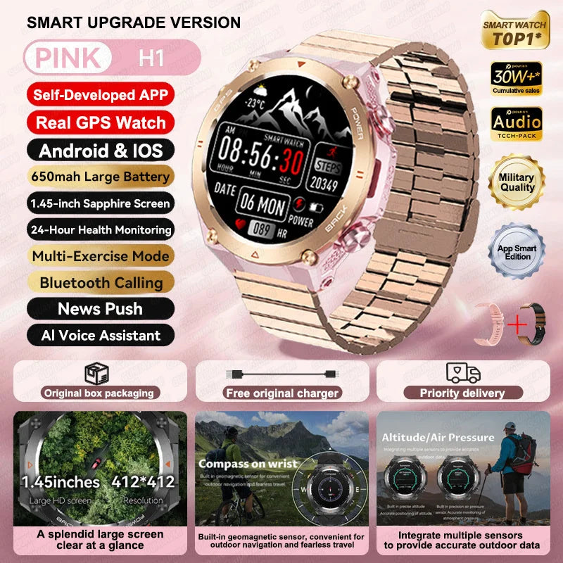 2025 GPS New Men Dual-band Positioning Smart Watch Men AMOLED Compass Waterproof 650mAh Battery Military Sport Watches New