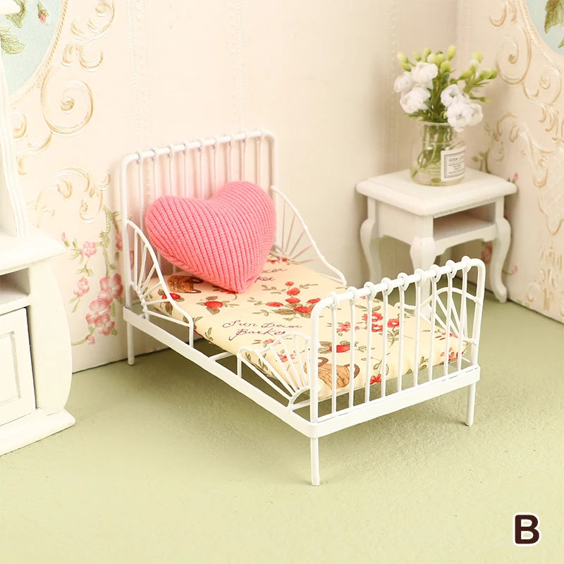 1:12 miniature bed for dolls Dollhouse Iron doll bed Furniture toy children simulation house role play toys collection gifts