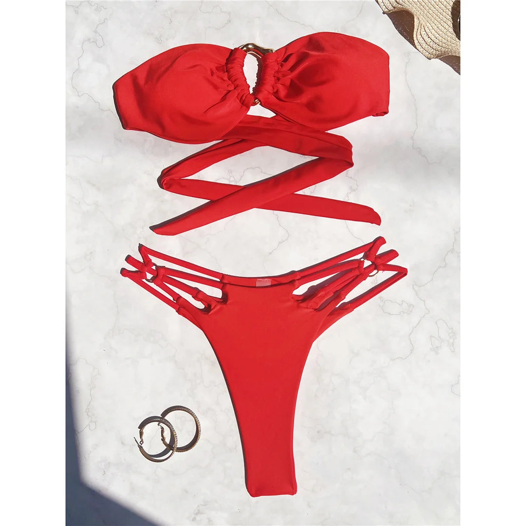 Bandeau Metal Rings Bikini Women Swimwear Female Swimsuit Two-pieces Bikini set Wrinkled High Cut Bather Bathing Suit Swim V5952