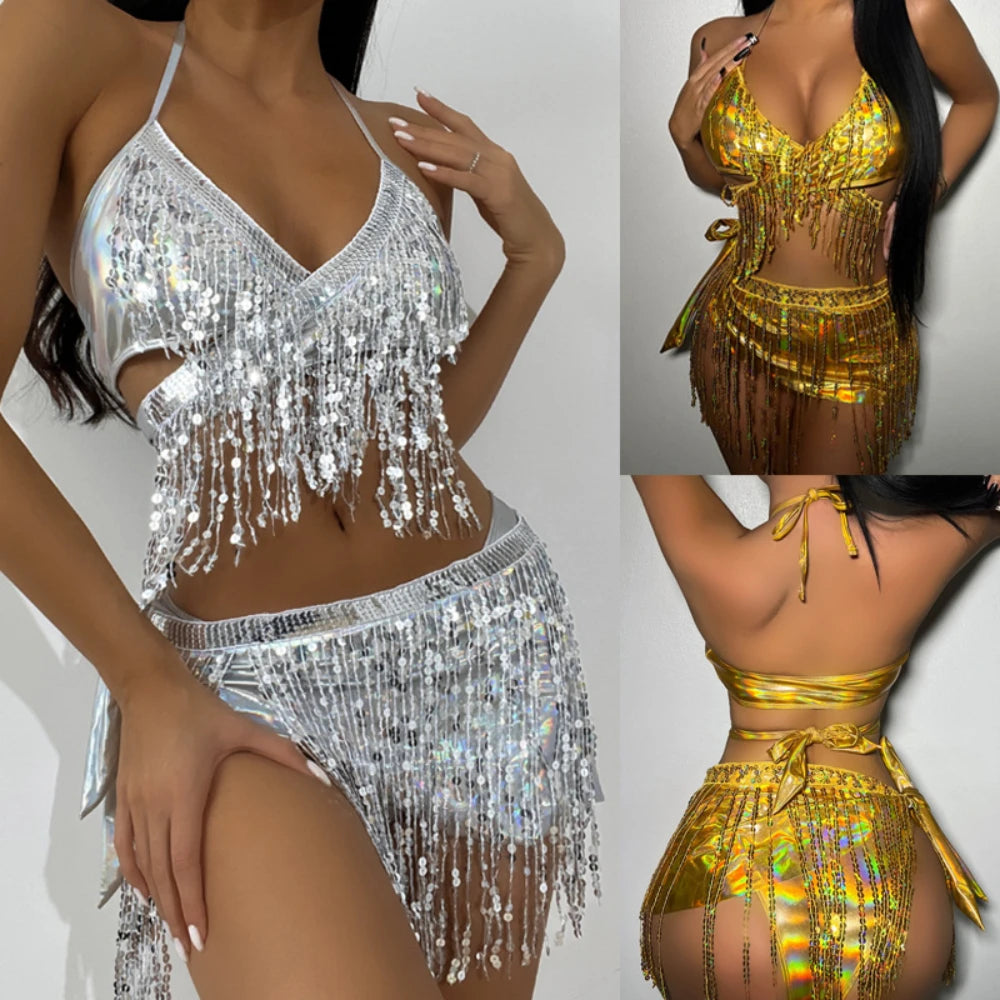 2023 new split swimsuit set of three women flash cloth sexy fringed bikini Bikini now