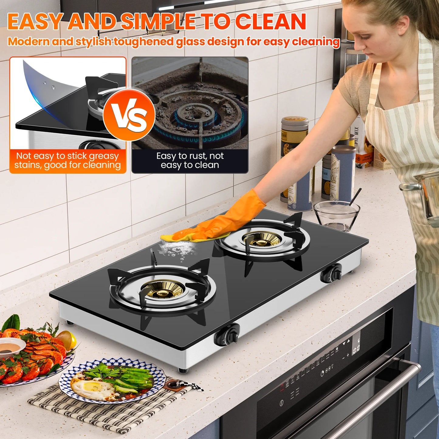 28,000 BTU 2-portable Gas stove, tempered glass cooking plate, pizo ignition, high power indoor and camping
