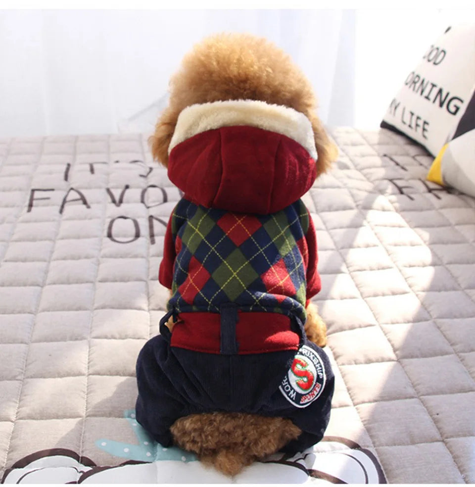 Winter Pet Thickened Warm Clothing Fashion Plaid Dog Four Legs Clothes Puppy Hoodie Teddy Yorkshire Coat Pet Supplies