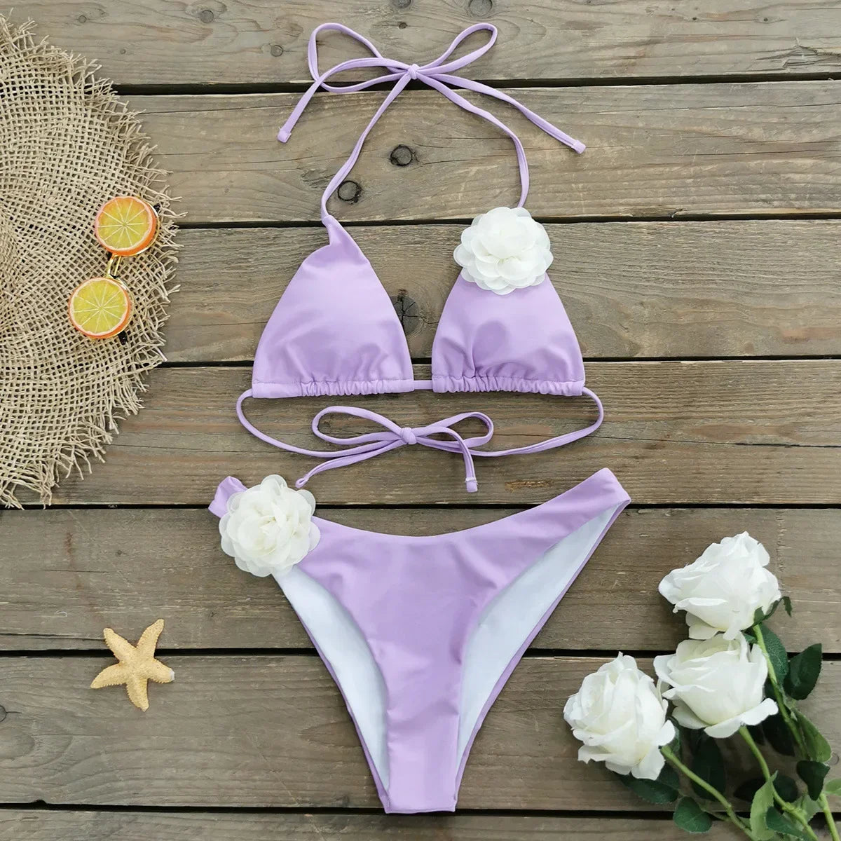 2026 New Sexy White 3D Flower Solid Two Piece Push Up Bikini Set Luxury Swimwear Women Swimsuit Beachwear Summer Bathing Suit