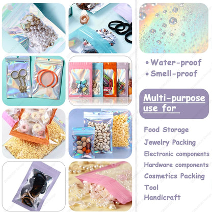 200-1PCS Laser Sealing Bags Color Plastic Holographic Candy Food Pouch Resealable Necklace Jewelry Gift Packaging Storage Bag