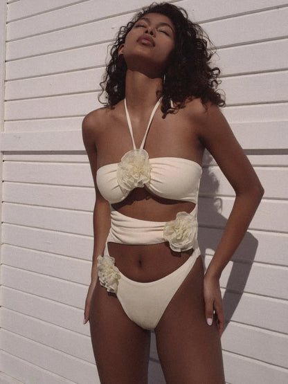 2026 New Sexy White 3D Flower Solid Two Piece Push Up Bikini Set Luxury Swimwear Women Swimsuit Beachwear Summer Bathing Suit