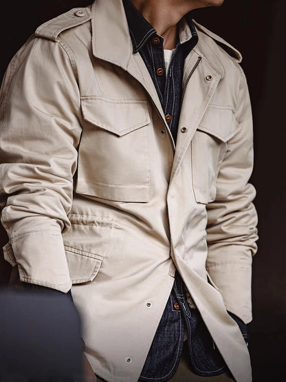 M65 Field Jacket, Men's Military Jacket, Retro Multi Pocket Collar Zipper Jacket, 100% Cotton
