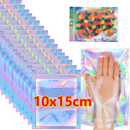 200-1PCS Laser Sealing Bags Color Plastic Holographic Candy Food Pouch Resealable Necklace Jewelry Gift Packaging Storage Bag