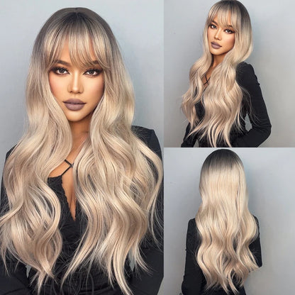 HENRY MARGU Long Brown Wavy Synthetic Wigs Middle Part Natural  Curly Wig for Black Women Cosplay Daily Heat Resistant Fake Hair