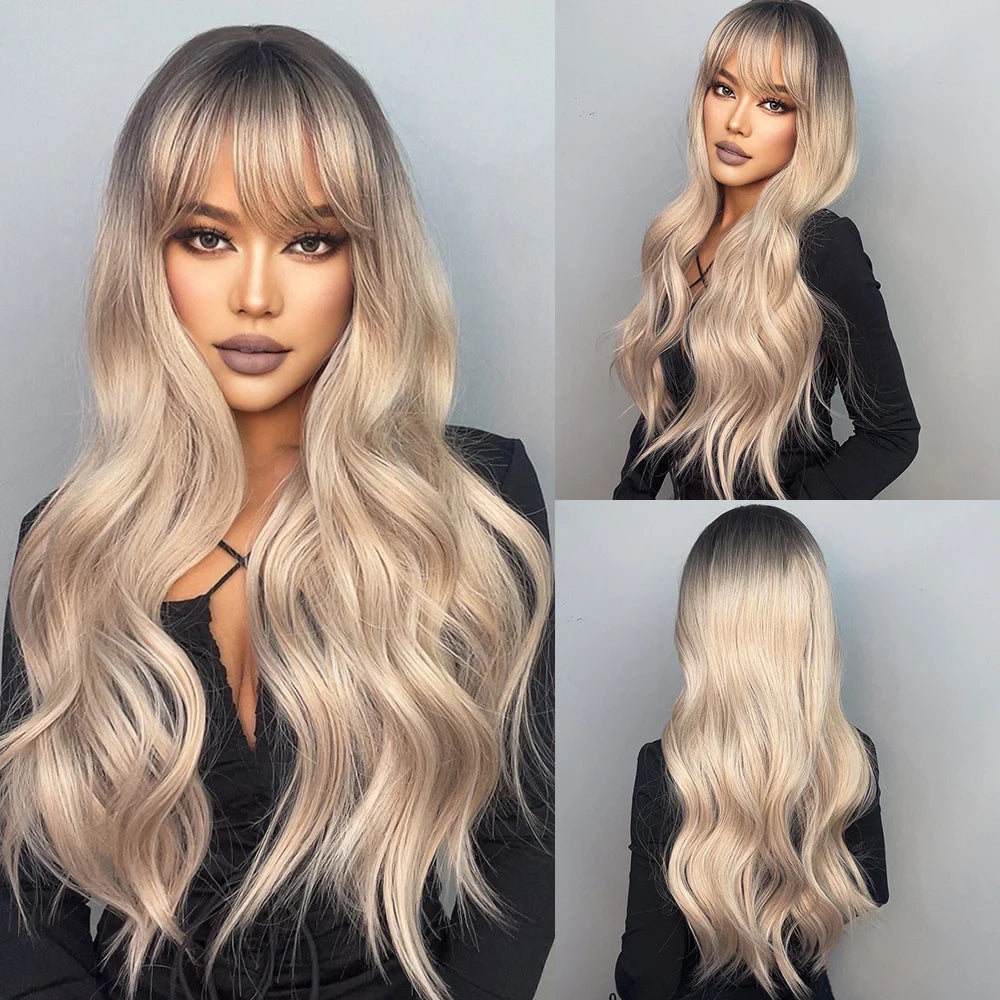 HENRY MARGU Long Brown Wavy Synthetic Wigs Middle Part Natural  Curly Wig for Black Women Cosplay Daily Heat Resistant Fake Hair