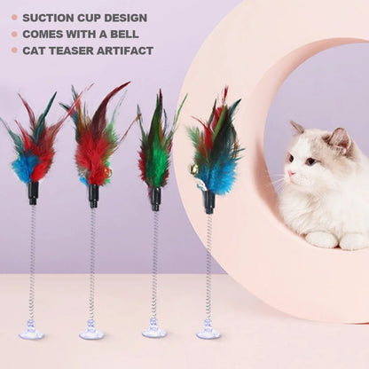 1pc Feather Spring Cat Interactive Toy Suction Cup Cat Fur Ball Teaser Wand Toys Cat Scratcher Toys Pet Supplies Random Color