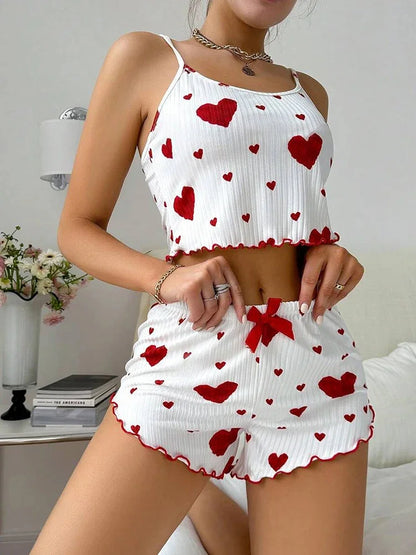 Sexy Girl Pajama Sets Love Heart Print Cami Top+Shorts Leisure Stripe Pyjamas Women Home Clothes Summer Sleeveless Sleepwear