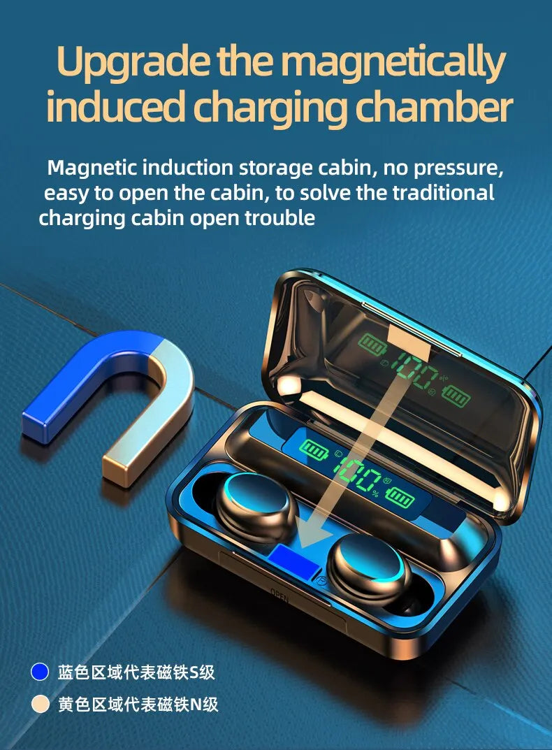 New TWS F9 Wireless Bluetooth Headset 5.0 Earphones Bluetooth Headphones with Mic Earbuds 2000mAh Charger Box LED Display Fone
