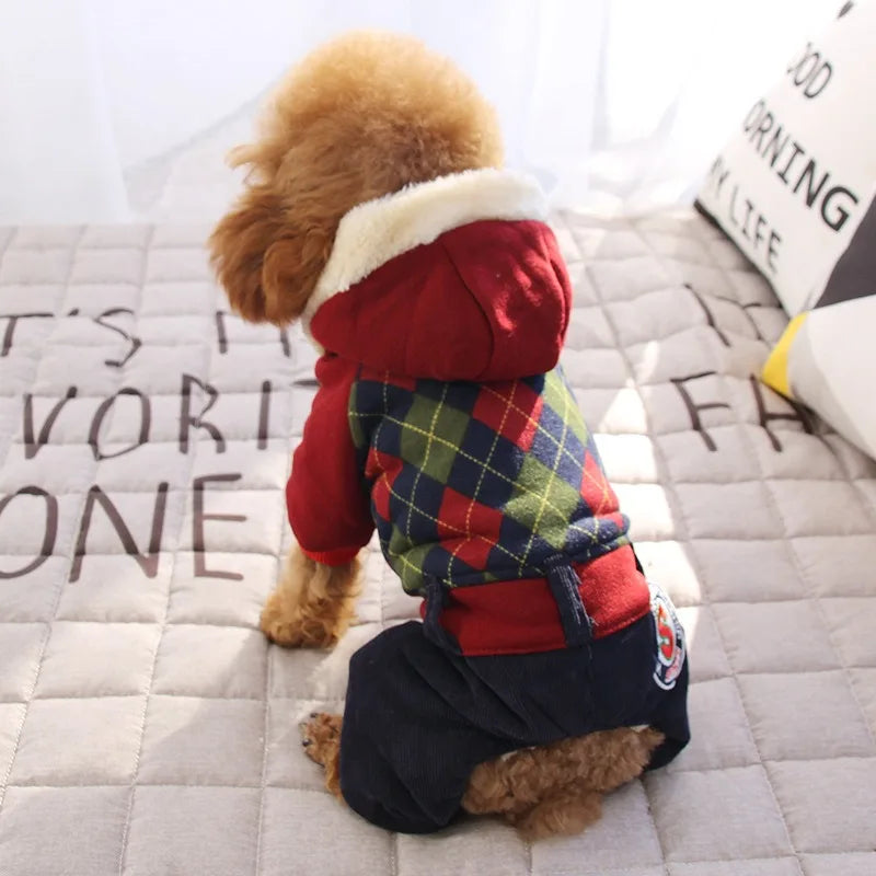 Winter Pet Thickened Warm Clothing Fashion Plaid Dog Four Legs Clothes Puppy Hoodie Teddy Yorkshire Coat Pet Supplies