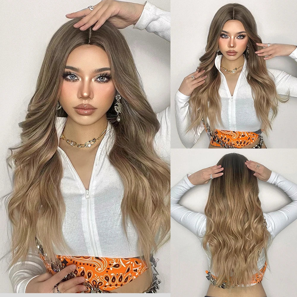 HENRY MARGU Long Brown Wavy Synthetic Wigs Middle Part Natural  Curly Wig for Black Women Cosplay Daily Heat Resistant Fake Hair