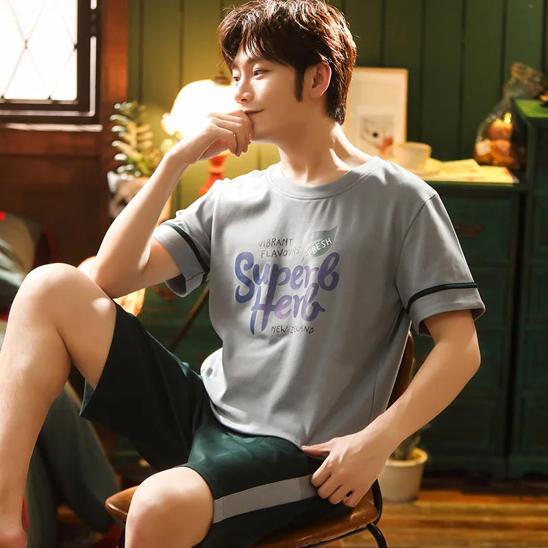 Cotton Pajamas Men Autumn and Winter Short Sleeve Shorts Loose Teen Cartoon Casual Loungewear Set Large Size Short Sleepwear