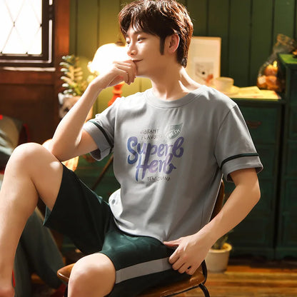 Cotton Pajamas Men Autumn and Winter Short Sleeve Shorts Loose Teen Cartoon Casual Loungewear Set Large Size Short Sleepwear