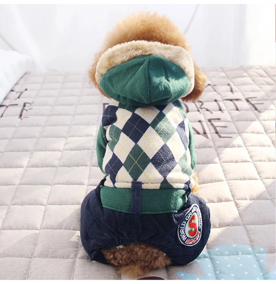 Winter Pet Thickened Warm Clothing Fashion Plaid Dog Four Legs Clothes Puppy Hoodie Teddy Yorkshire Coat Pet Supplies