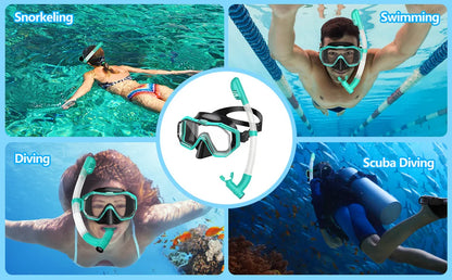 3 Windows Snorkel Mask Set Scuba Diving Swimming Goggles Panoramic Wide View HD Dry Top Anti-Leak Anti-Fog For Adults and Kids