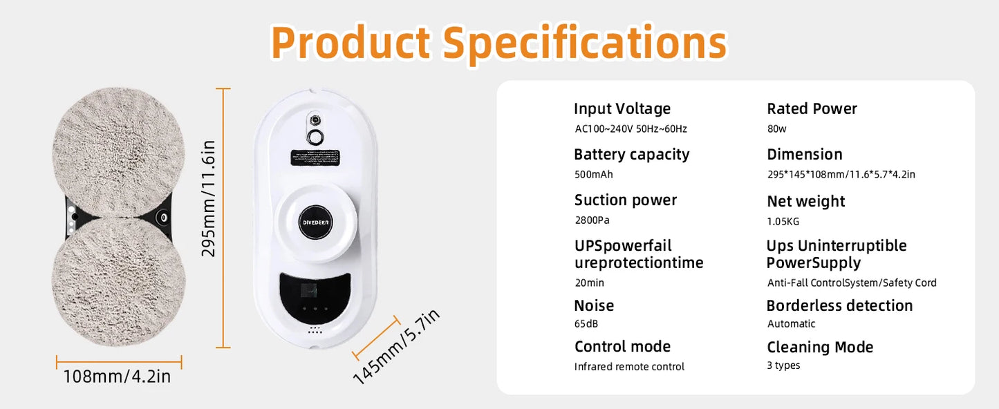 DIVEDEER White/Black Home Automatic No Spray or Water spray Window Cleaning Robot Intelligent Wipe  High-rise Large Area Window