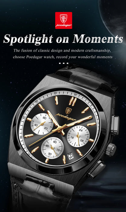 POEDAGAR Business Functional Male Watch Waterproof Luminous Chronograph Date Sports Men Wristwatch Leather Men's Quartz Watches