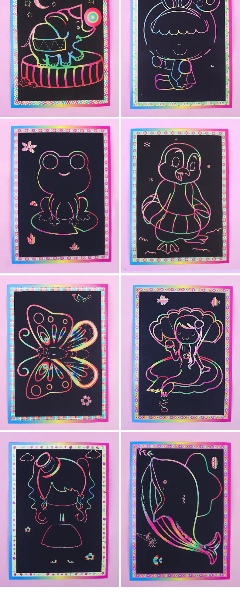 10Pcs Scratch Art Paper Magic Painting Paper with Drawing Stick Drawing Toys Kids Learning Educational Toys for Children Gifts