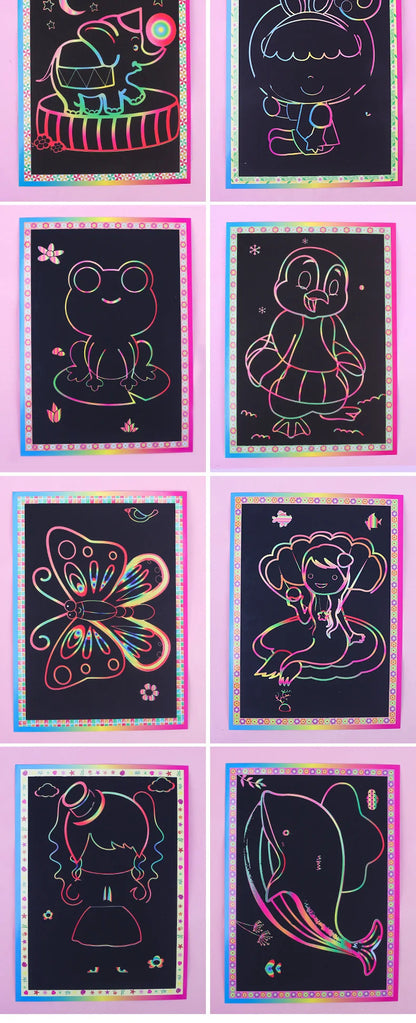 10Pcs Scratch Art Paper Magic Painting Paper with Drawing Stick Drawing Toys Kids Learning Educational Toys for Children Gifts