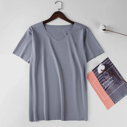 Men's Skinny Undershirt Plus Size Ice Silk Basic Shirts Breathable V-Neck Seamless T-shirt Underwear Thin Slim Bottoming Shirt