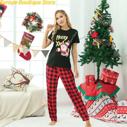 2025 New Year's Costume Short Sleeve Christmas Pajamas Set Matching Outfits for Family/Couples/Kids T-shirt+Trousers Sleepwear