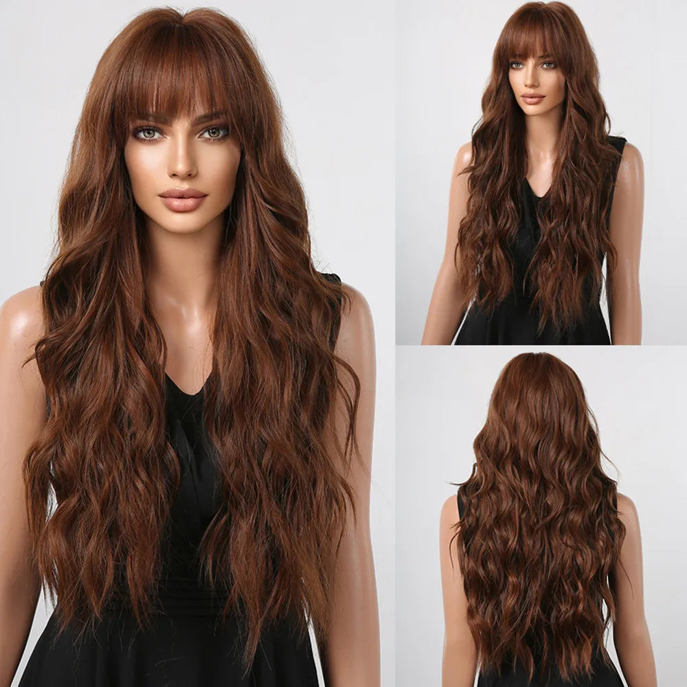 HENRY MARGU Long Brown Wavy Synthetic Wigs Middle Part Natural  Curly Wig for Black Women Cosplay Daily Heat Resistant Fake Hair
