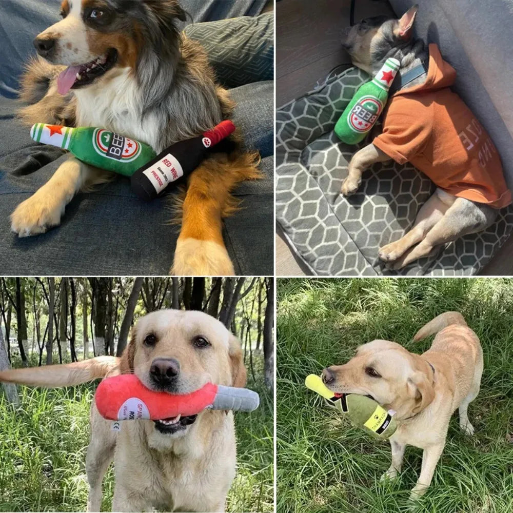 Interactive Dog Toys Champagne Wine Bottle Shape Pet Toy Plush Filled Vodka Toy Squeaky Bite-Resistant Pet Supplies Whisky