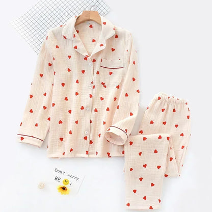 Smal Heart Printing Pink White Colors Women Trousers Pajama Set Cotton Sleepwear Clothes for Spring and Autumn Home Clothing