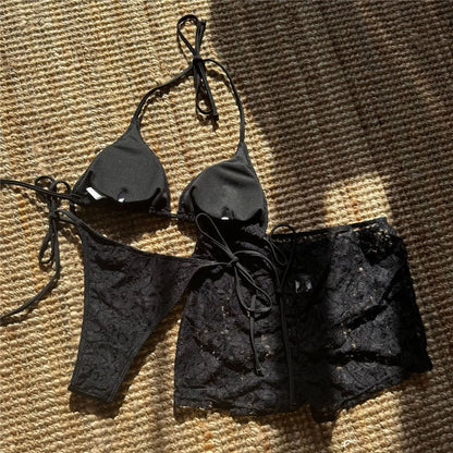 Solid White Lace Mesh Short Bikinis Sets 3 Piece Holiday Swimwear Sexy Swimsuit Women 2026 Beach Wear String Halter Bikini Donna