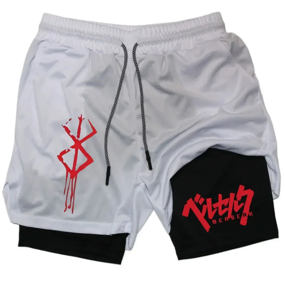 Anime Berserk 2 in 1 Gym Shorts for Men Active Athletic Compression Shorts 5 Inch Quick Dry Stretchy Training Fitness Workout