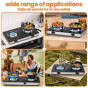28,000 BTU 2-portable Gas stove, tempered glass cooking plate, pizo ignition, high power indoor and camping