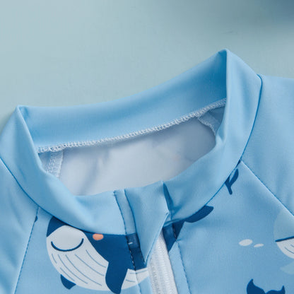 Cartoon Whale Print Children Boy Rash Guard Swimsuit with Hat Summer New Zip Up Long Sleeve Crew Neck Kids Swimwears Beachwear