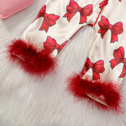 VISgogo Baby Girls Pajamas Long Sleeve Bow Print Furry Patchwork Button Closure Jumpsuit Sleepwear Loungewear