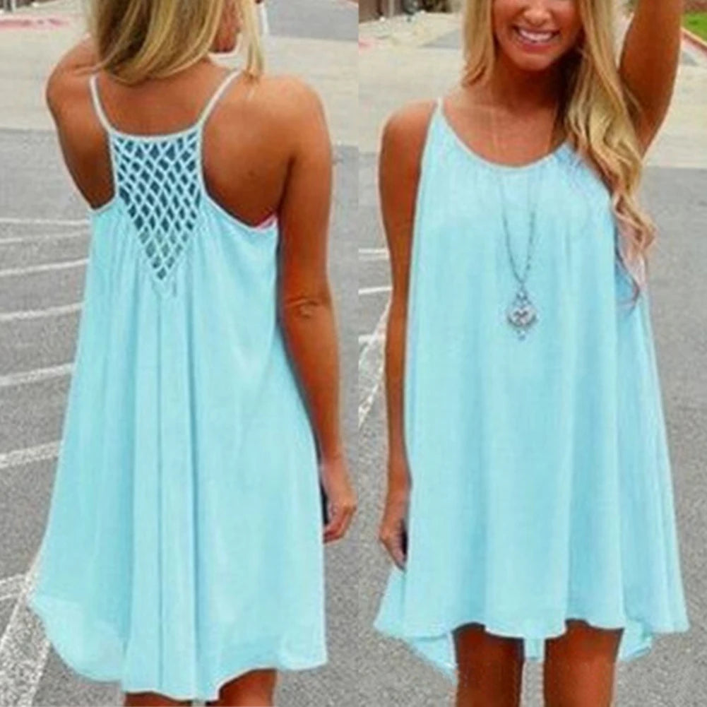 2016 Summer Fshion  2016 Hot New Sexy Women's Summer Casual Sleeveless Strap Backless Beach Dress for Evening Party