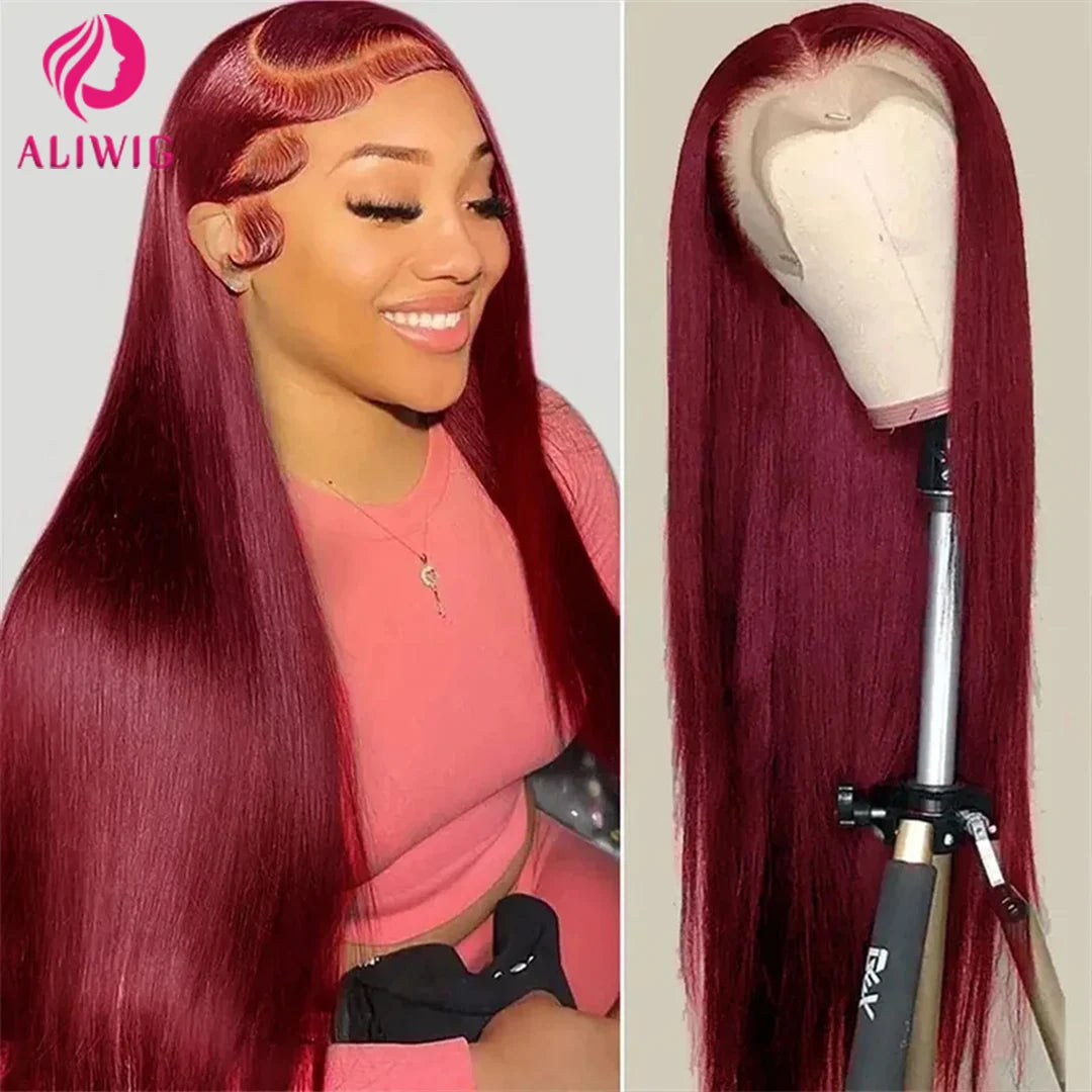 13x4 99j Burgundy Lace Front Wig 13x6 Straight Lace Frontal Wigs HD Transparent Lace Colored Remy Red Human Hair Wigs For Women
