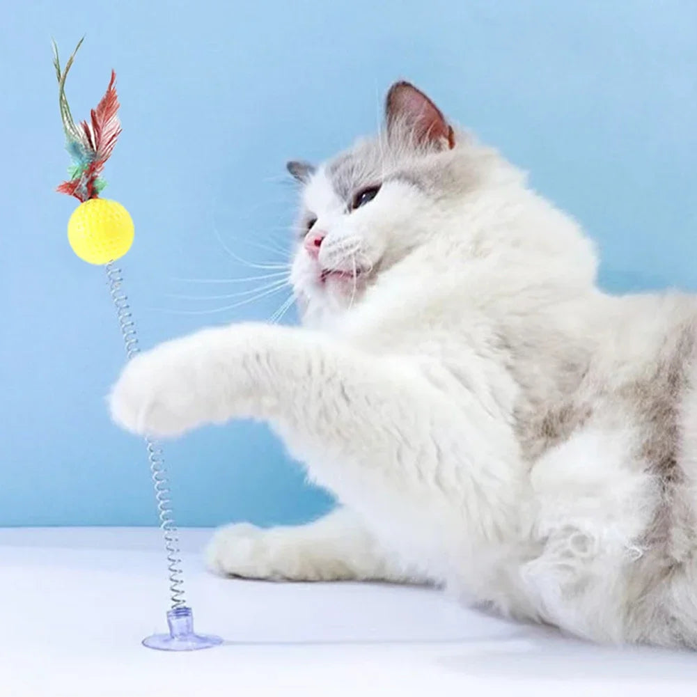 1pc Feather Spring Cat Interactive Toy Suction Cup Cat Fur Ball Teaser Wand Toys Cat Scratcher Toys Pet Supplies Random Color