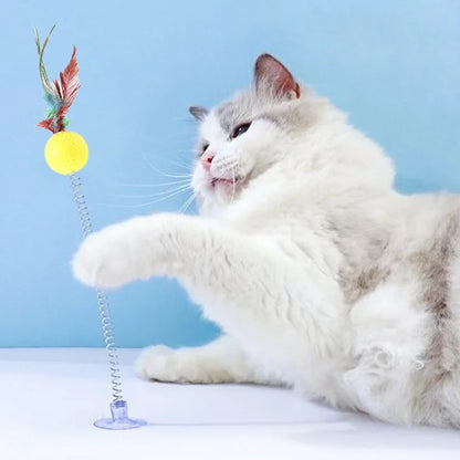 1pc Feather Spring Cat Interactive Toy Suction Cup Cat Fur Ball Teaser Wand Toys Cat Scratcher Toys Pet Supplies Random Color