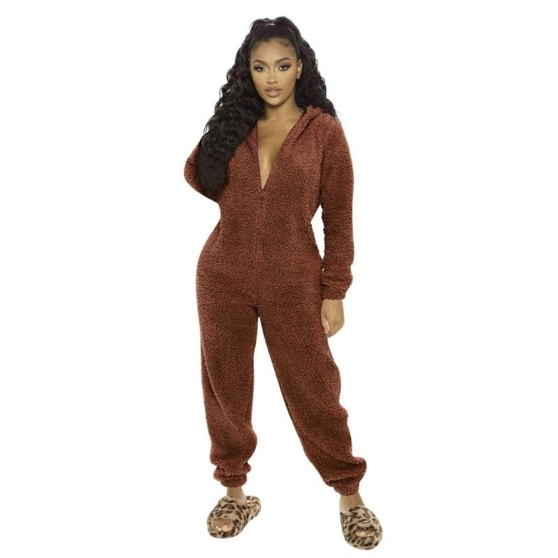 Womens Winter Warm Onesie Pajamas Fuzzy Fleece Zipper Up Bear Ear Hooded Romper Jumpsuits Sleepwear Loungewear
