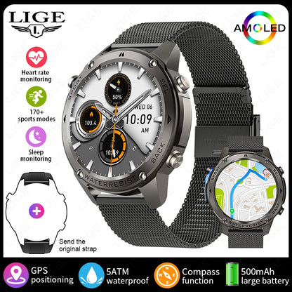 LIGE New GPS Tracker Smart Watch Men 466*466 AMOLED Screen Men Watches 50M Waterproof Outdoor Compass 500mAh Battery Smartwatch