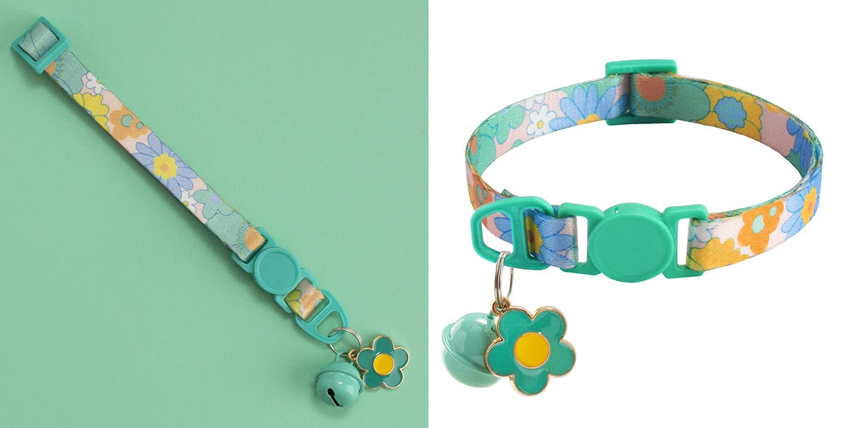 1.0cm Printed Pet Collar Adjustable Safety Buckle Cat Collar with Bell and Metal Flower Pendant for Cats and Puppy Pet Supplies