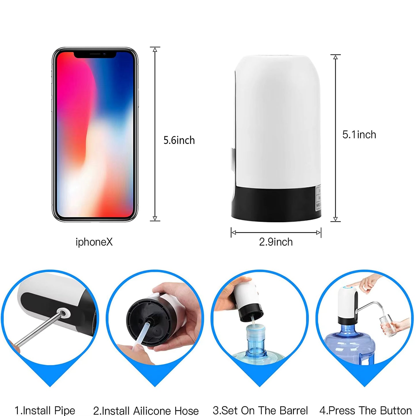 White/Black Water Bottle Pump USB Charging