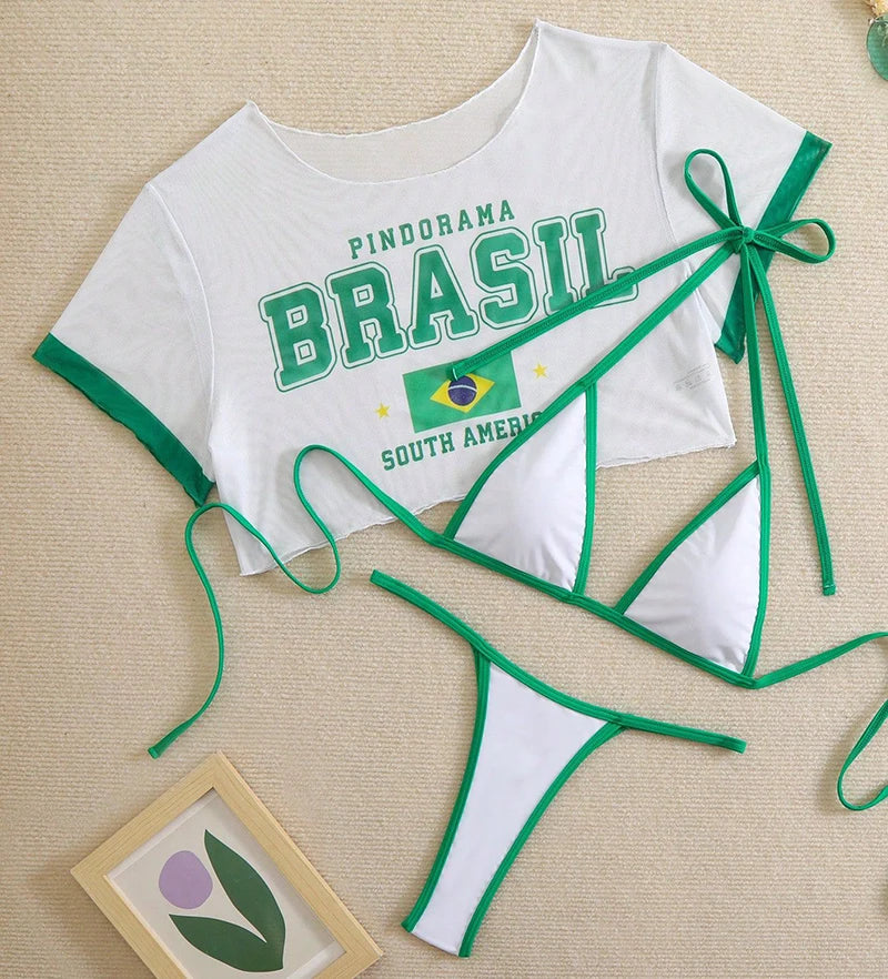 Sexy Thong Bikini 2026 Women Brazilian Flag Print Bikinis Short Sleeve Three-pieces Split Bathing Suit Summer Swimsuit Beachwear