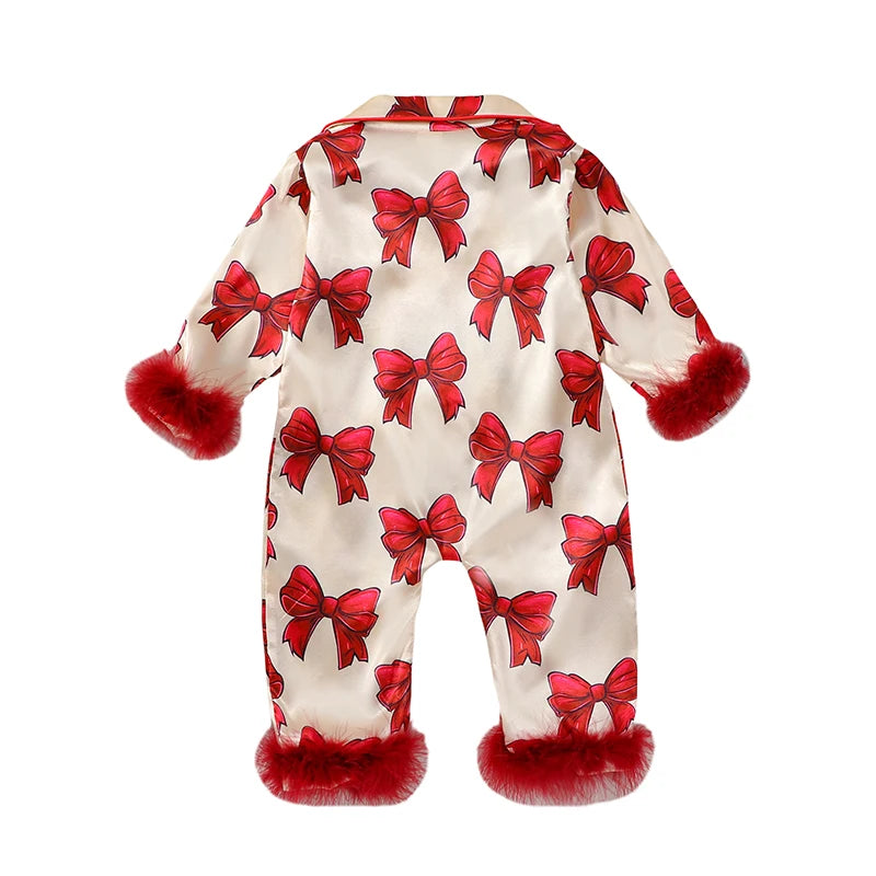 VISgogo Baby Girls Pajamas Long Sleeve Bow Print Furry Patchwork Button Closure Jumpsuit Sleepwear Loungewear