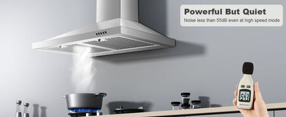 30-inch Wall Mount 450CFM - Stainless Steel Kitchen Vent Hood, Ultra Quiet 55dB, Ducted/Ductless Convertible, 3-Speed Range Hood