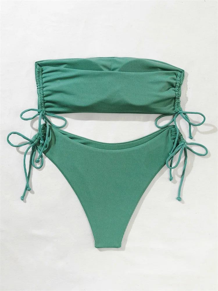 2025 Sexy Low Waist Swimwear New Solid Bandeau Bikini Set Women Push Up Drawstring Beachwear Swimsuit Backless bathing suit