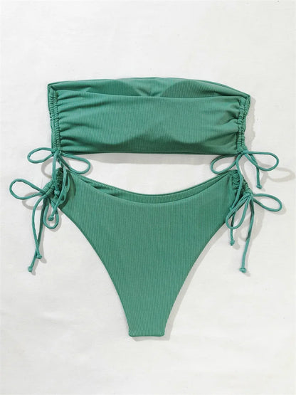 2025 Sexy Low Waist Swimwear New Solid Bandeau Bikini Set Women Push Up Drawstring Beachwear Swimsuit Backless bathing suit